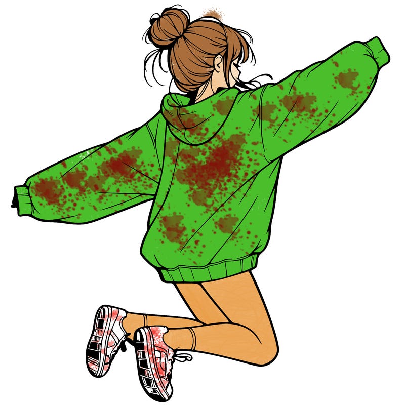 realistic girl jumping with a bun and oversized sweatshirt