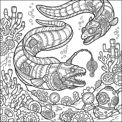 Unleash your creativity with this incredible Steampunk Abyssal Worms coloring page. Dive into a fantastical underwater world where ancient creatures meet intricate machinery.
