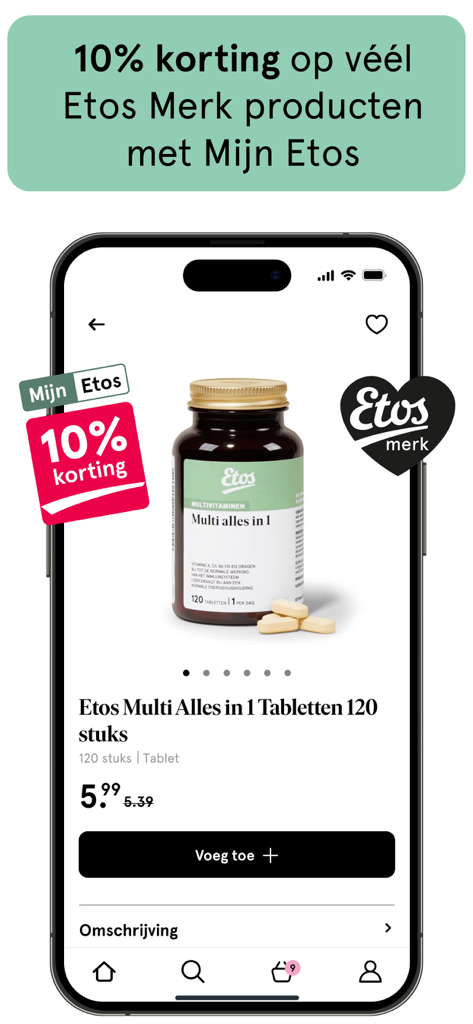 Produktseite der Etos-App mit 10 Prozent Rabatt auf Vitamine der Eigenmarke für Treue-Mitglieder.