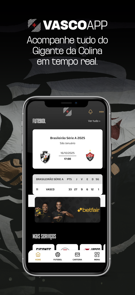 Vasco APP - Home screen of the Vasco APP displaying football match schedules and league standings in real-time