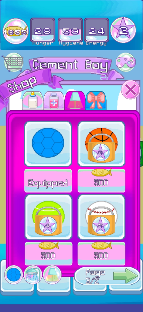 Virtual Seal Pet - The in-game shop menu of Virtual Seal Pet featuring various toy balls for customization and play.