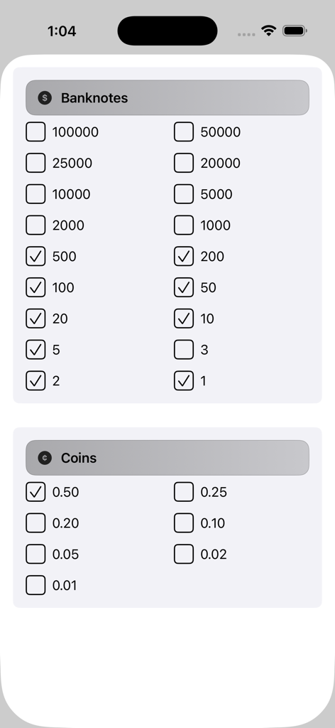 Cash Count –  Cash Calculator - 현금 계산기 앱에서 특정 지폐 및 동전 단위 선택 인터페이스