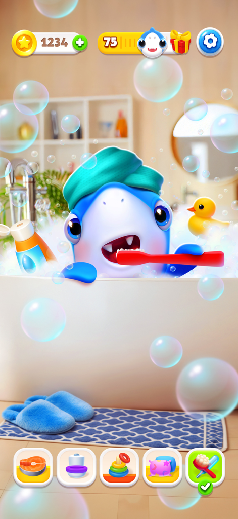 A cute virtual pet shark brushing its teeth in a bubble bath with a towel on its head