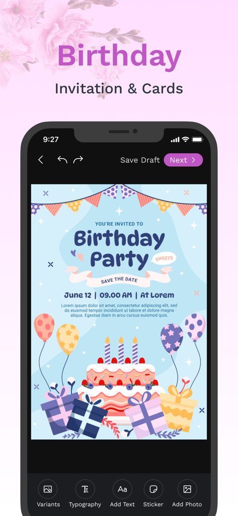 Party Invitation Cards Maker + - Une interface d'application mobile montrant un modèle d'invitation colorée pour une fête d'anniversaire avec un gâteau et des ballons.