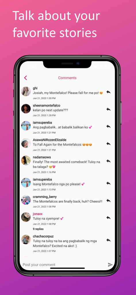 Jonaxx Stories - A smartphone screen displaying the interactive community comments section of the Jonaxx Stories app where fans discuss romance chapters.