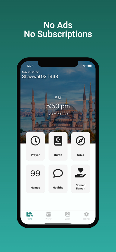Islam App - The Muslim OS - Home screen of the Islam App featuring prayer times Quran and Qibla modules with a mosque background