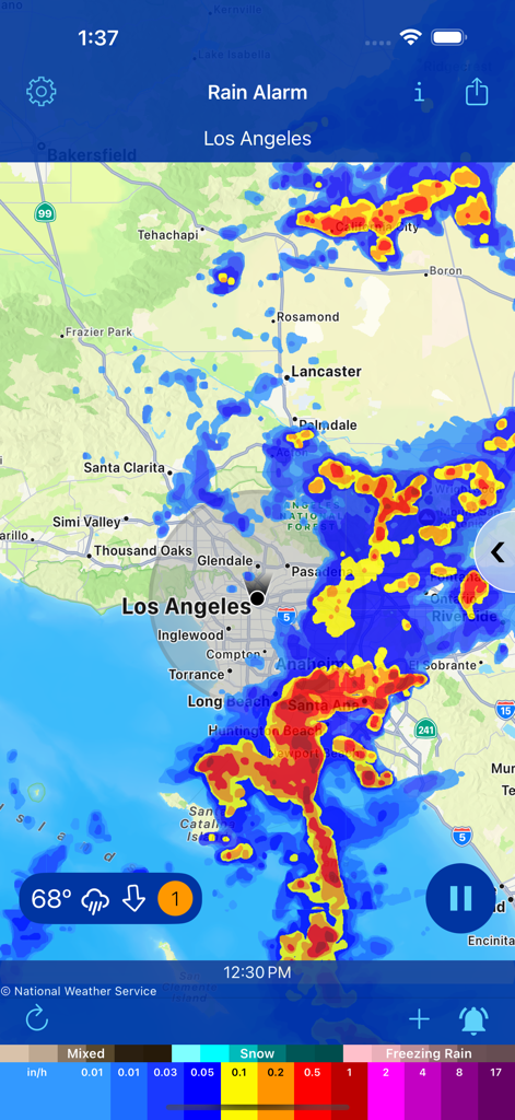 Interfaz de Rain Alarm Pro mostrando un mapa de radar Doppler de Los Ángeles con la intensidad de la lluvia codificada por colores