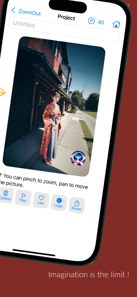 ZoomOut - Out paint your photo - ZoomOut Mobile App-Oberfläche, die ein KI-Foto-Outpainting-Projekt mit Bearbeitungswerkzeugen zeigt
