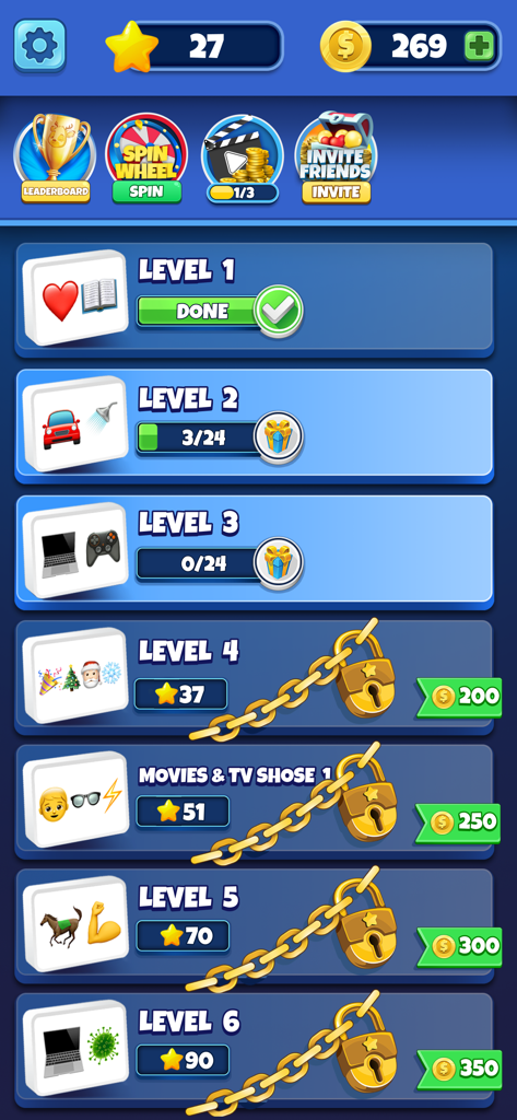 Emoji Quiz - Guess the Emojis - Emoji Quiz app level selection screen showing completed and locked trivia stages with emoji icons