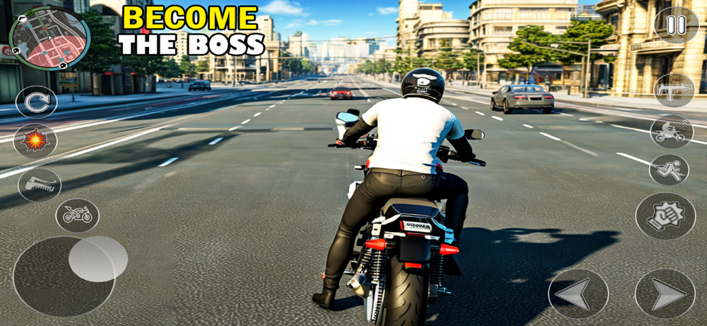 Gangster Crime City Offline - A character riding a motorcycle through a city street in the Gangster Crime City Offline mobile game
