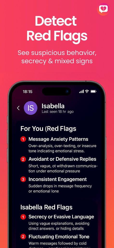 Red Flag: Chat Report Insights - A mobile screen showing the Red Flag app identifying suspicious communication patterns and relationship red flags like message anxiety and evasive language