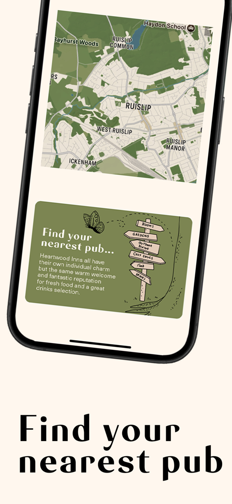 Smartphone screen showing Heartwood Inns app map to find the nearest pub.