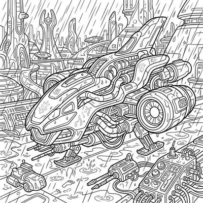 Immerse yourself in a dynamic futuristic scene with this alien technology coloring page, set against a dramatic rainy backdrop. Explore intricate details of advanced spacecraft and mysterious gadgets awaiting your creative touch.