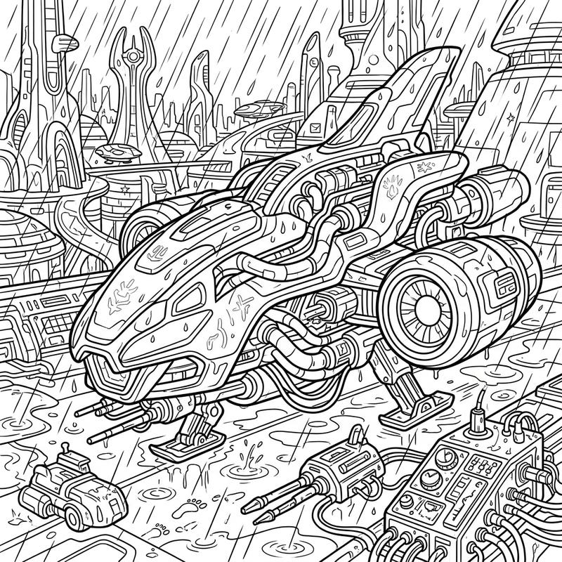 Immerse yourself in a dynamic futuristic scene with this alien technology coloring page, set against a dramatic rainy backdrop. Explore intricate details of advanced spacecraft and mysterious gadgets awaiting your creative touch.