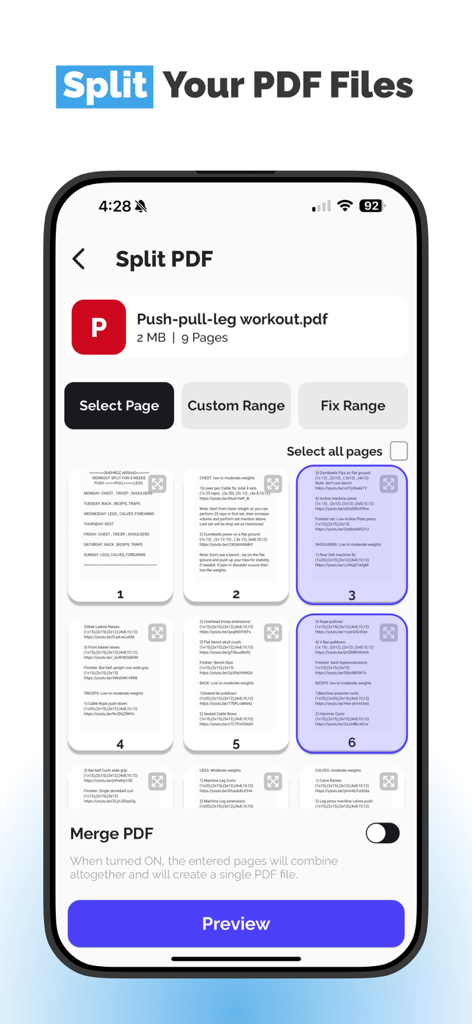 Screen showing page selection to split a PDF file in the PDF to Document Convert mobile app