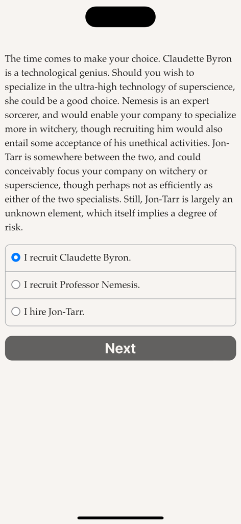 MetaHuman Inc. - A text based decision screen in MetaHuman Inc where the player chooses between three different character recruitment options