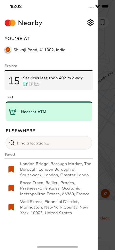 Mastercard Nearby app home screen with ATM search and saved locations