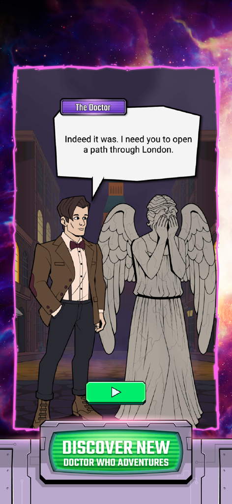 Doctor Who: Lost In Time - Animated Eleventh Doctor standing next to a Weeping Angel in a story dialogue scene set in London.
