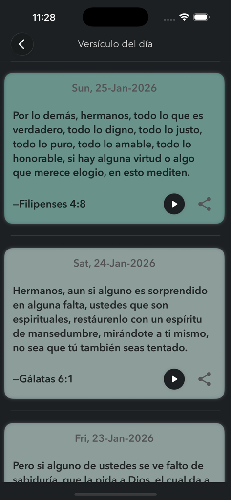 Biblia RV 1909 - A list of daily Bible verses in Spanish within the Biblia RV 1909 app, featuring share and audio playback options.