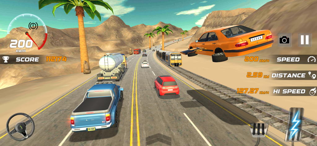 Highway Traffic Racer Car Ride - Gameplay of Highway Traffic Racer featuring a blue truck driving on a desert highway with other cars and a flying vehicle stunt.