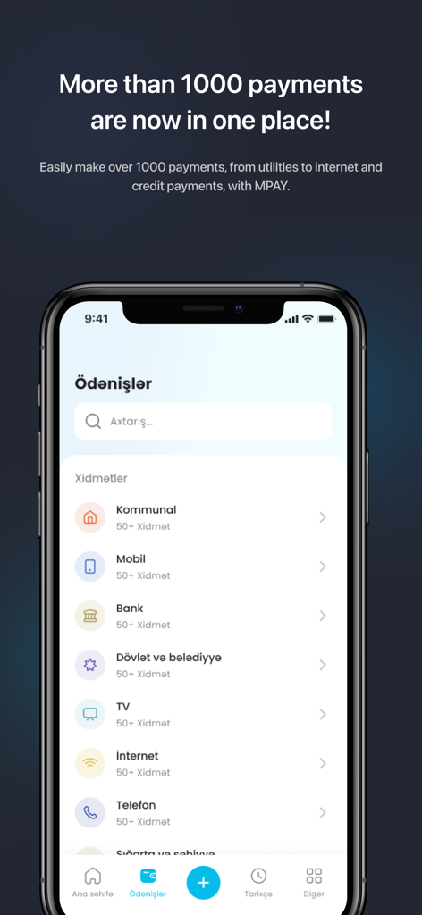 Schermata dell'app mobile MPAY che mostra un elenco di oltre 1000 categorie di pagamento per utenze, servizi mobili e bancari