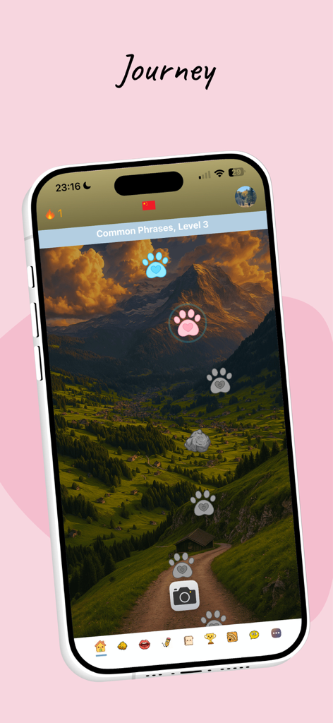 TalkHere - Language Learning - A mobile screenshot of the TalkHere app showing a gamified language learning journey path with paw print icons over a scenic mountain landscape.