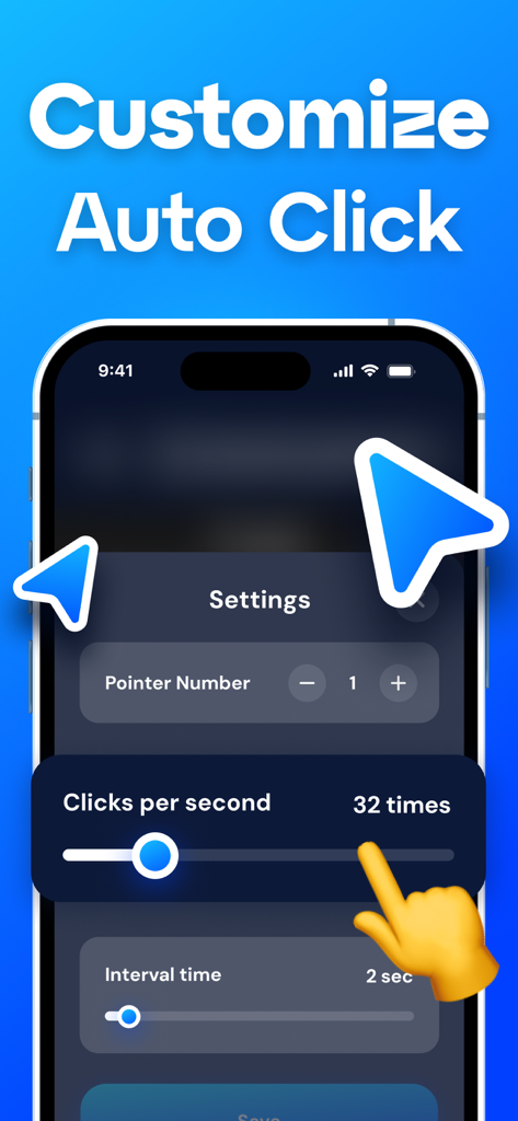 Oberfläche der AutoTap-App mit Optionen zur Anpassung von Klicks pro Sekunde und Intervallzeit für die Automatisierung