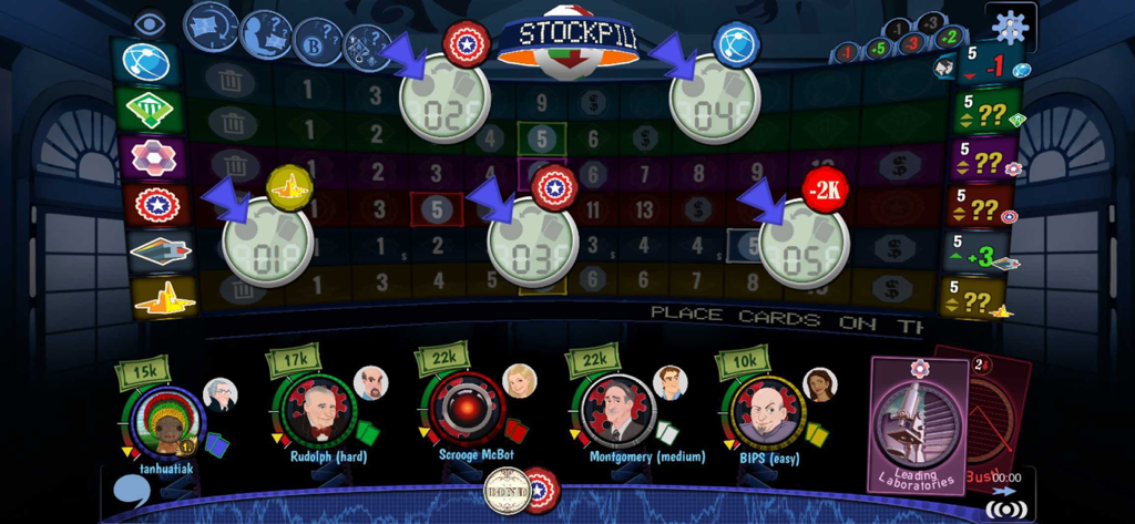 Stockpile Game - Uma captura de tela do jogo de tabuleiro digital Stockpile mostrando o tabuleiro do mercado e os perfis dos jogadores.