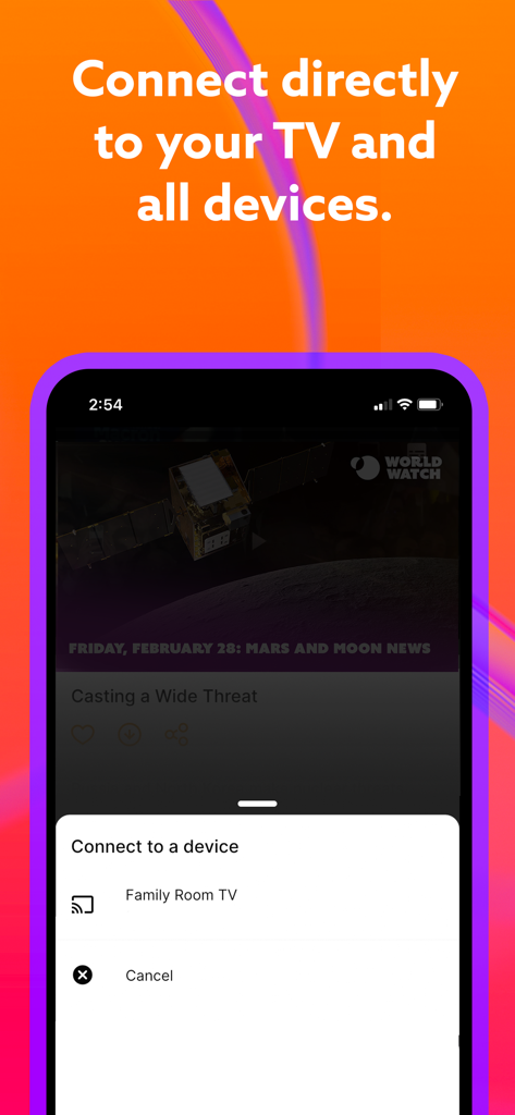 Interface montrant l'application WORLD Watch News se connectant à une télévision de salon pour une visualisation en groupe.