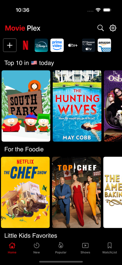 Home screen of Movie Plex app showing trending TV shows and movies like South Park and Top Chef across various streaming platforms