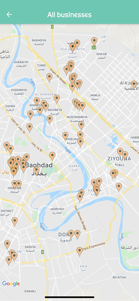 Pure Platform - Map view showing locations of participating businesses in Baghdad on the Pure Platform app