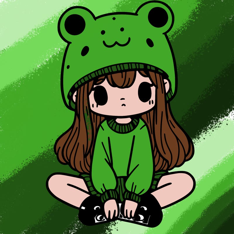 a girl wearing a frog hat and some frog socks
