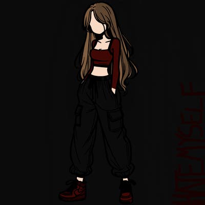 girl in baggy pants crop top and long hair