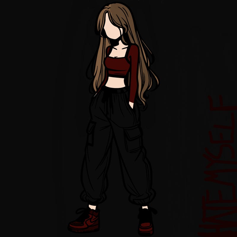 girl in baggy pants crop top and long hair