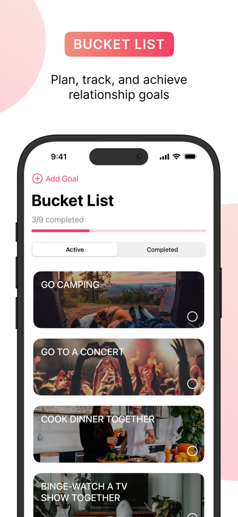 Luvy - Couples & Relationship - Der Bucket-List-Bildschirm der Luvy App, der Beziehungsziele wie gemeinsames Camping und Kochen zeigt.