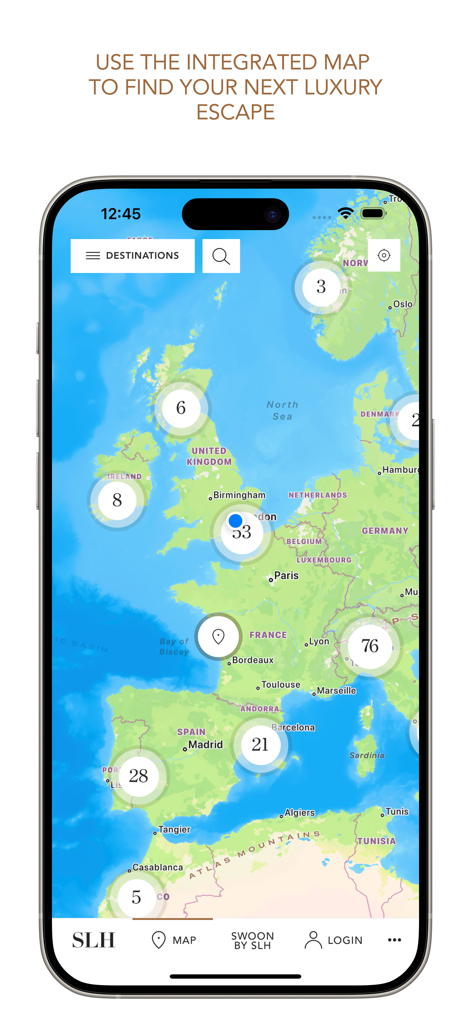 Small Luxury Hotels - The Small Luxury Hotels app showing an integrated map with hotel locations and counts across Europe.