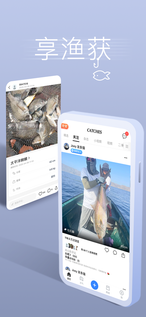 Catches Expert - Catches Expertのソーシャルフィードを表示するスマートフォンの画面。ユーザーが釣った魚の写真と詳細な計測ログが表示されています。