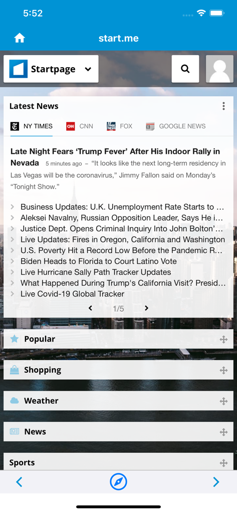 Start.me - Interfaz de la aplicación Start.me mostrando un panel de noticias con widgets para noticias de última hora, compras y el tiempo