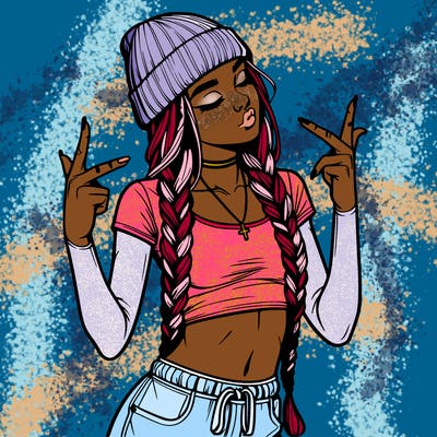 realistic teenage girl with braids and a beanie and crop top doing 🫶🏼