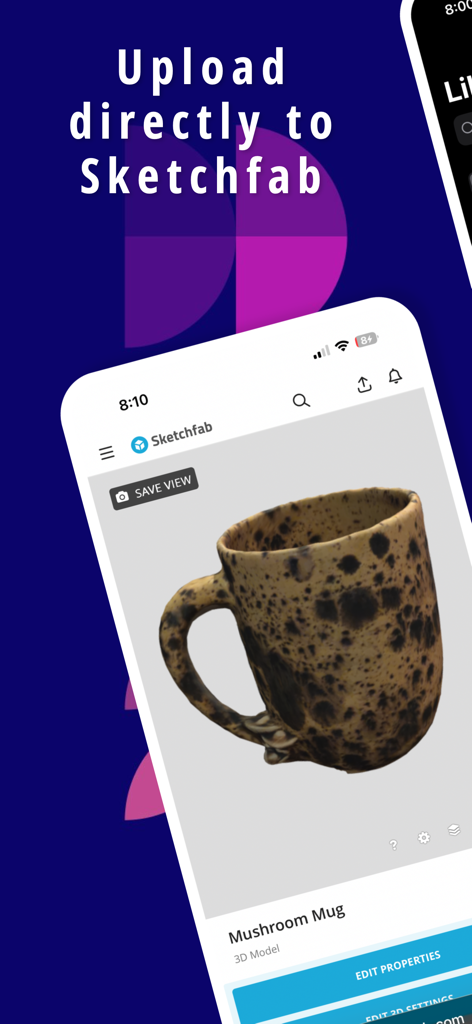Fab3D mobile app interface showing a 3D mushroom mug model ready for upload to Sketchfab