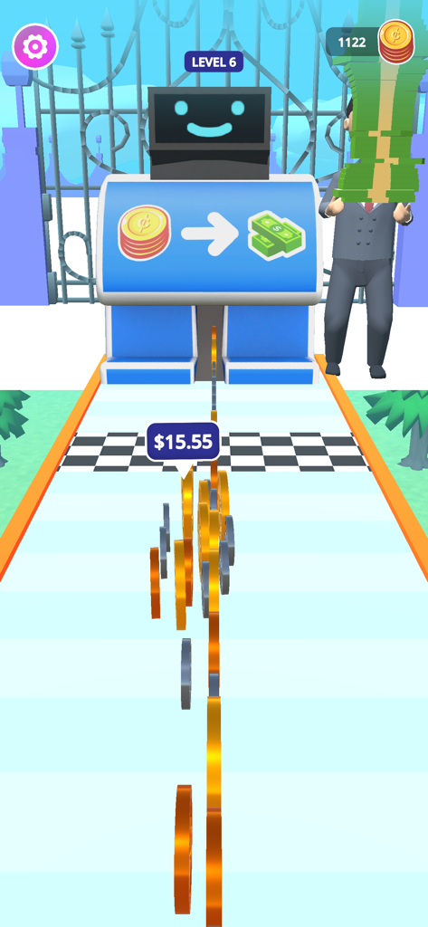 Money Rush - Captura de pantalla del juego móvil Money Rush que muestra una pila de monedas acercándose a una máquina de conversión de efectivo al final de un nivel