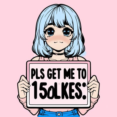 realistic girl holding up a sign that says “pls get me to 15 likes!”