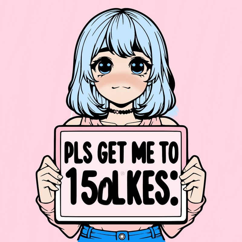 realistic girl holding up a sign that says “pls get me to 15 likes!”