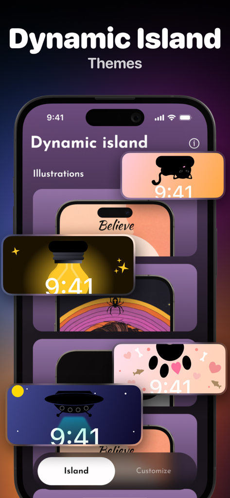 Wallpapers・Dynamic Island - iPhone app screen showing various creative wallpaper themes for the Dynamic Island