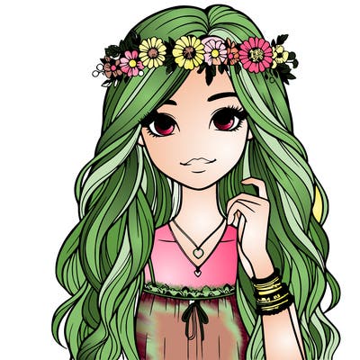 a realistic girl with long hair and a flower crown and bracelet