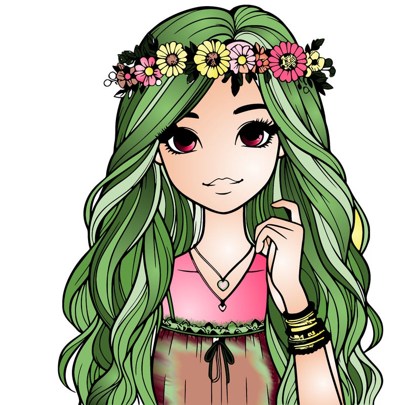 a realistic girl with long hair and a flower crown and bracelet