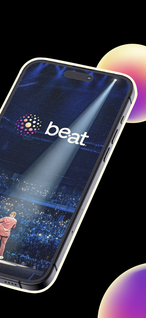 be·at Venues - Pantalla de smartphone mostrando la aplicación be at Venues con un fondo de concierto en vivo