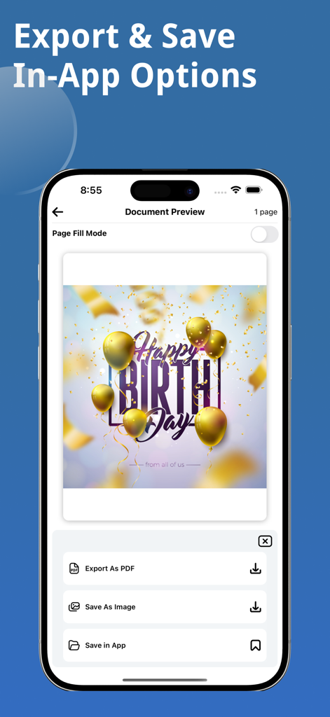 iPhone screen displaying export as PDF and save as image options for a document in the Printmate app