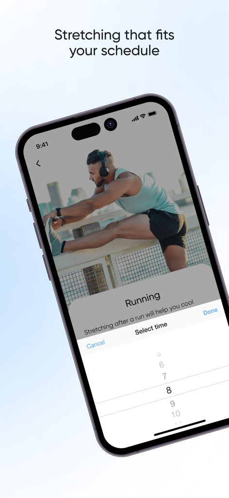 Stretch Zone and Flexibility - Mobile phone showing the AZ Stretch app interface with a custom time picker for a running stretch session
