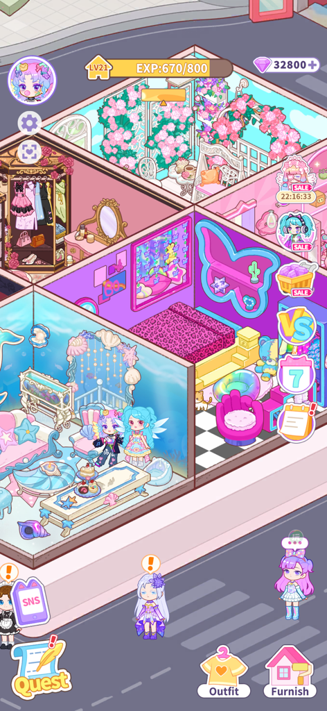 A screenshot of Pocket Life Decor Happy Room showing multiple uniquely themed rooms including floral, butterfly, and underwater designs.